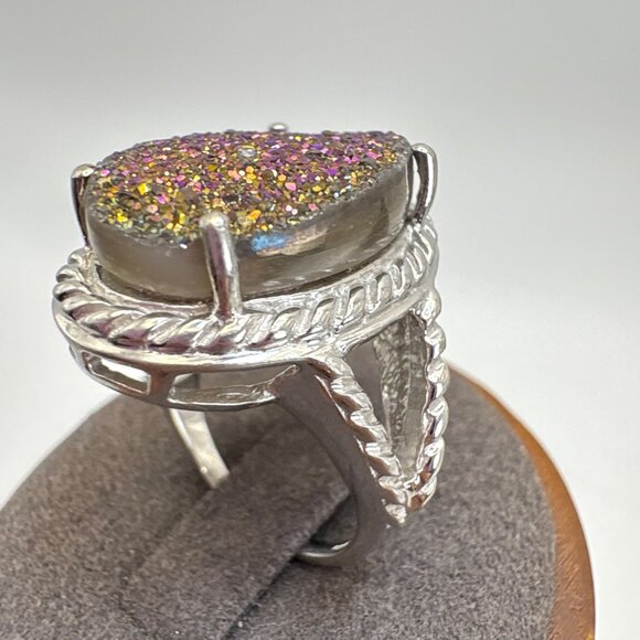 VTG Sterling Silver 925 Purple Gray Drusy Oval Rope Design Statement Ring Size 7 - Picture 5 of 12